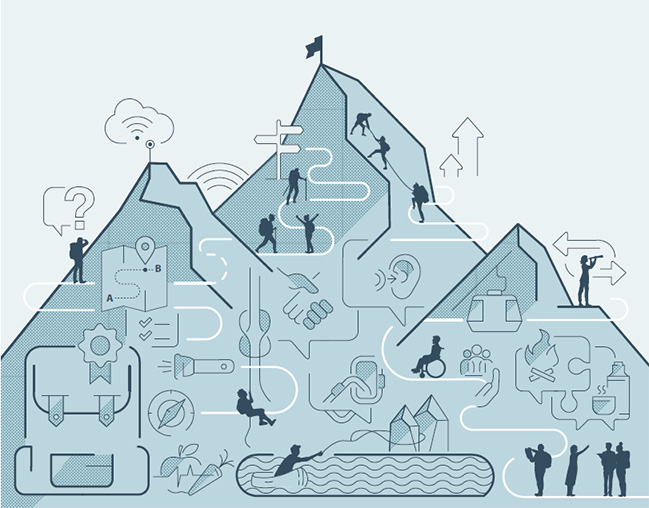 Drawing of people climbing a mountain with different activities