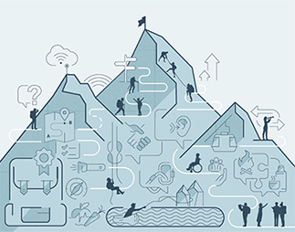 Zeichnung mit Personen, die auf drei Bergpitzen klettern